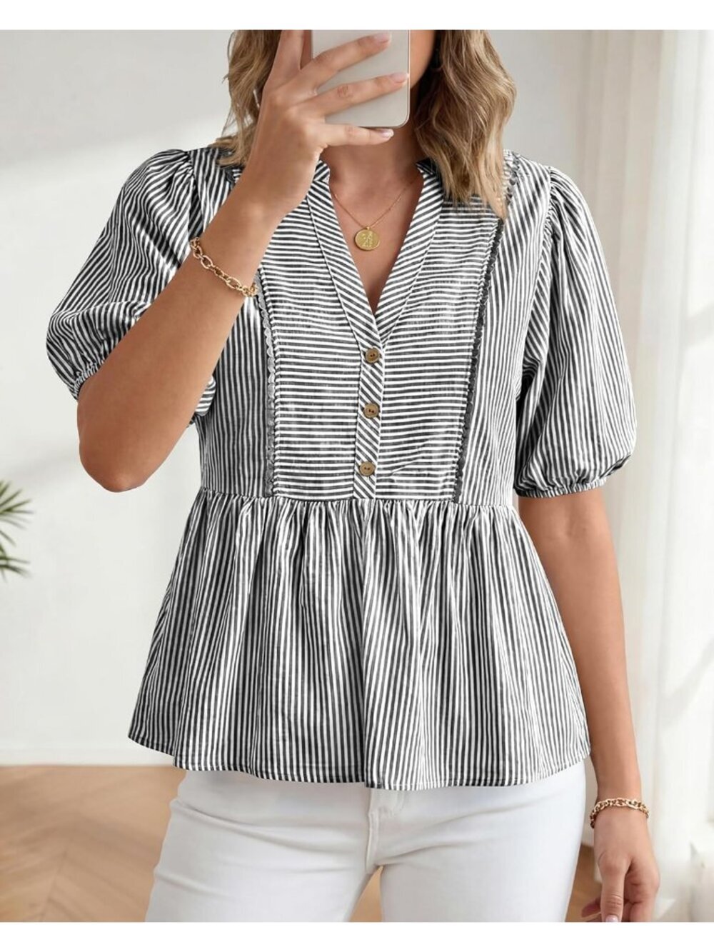 Women's Summer Tops Black Lantern Short Sleeve V Neck Button Peplum Shirts - Picture 2 of 6